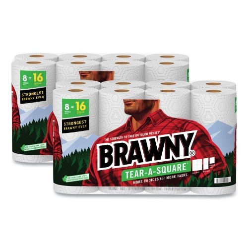 Brawny Tear-A-Square Perforated Kitchen Double Roll Towels, 2-Ply, 11 X 11, White, 120 Sheets/Roll, 8 Rolls/Pack, 2 Packs/Carton