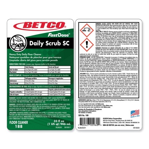 Betco Daily Scrub Sc Floor Cleaner, Characteristic Scent, 32 Oz Bottle, 6/Carton