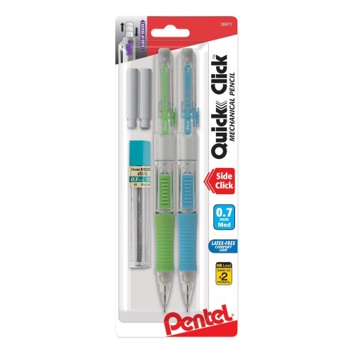 Pentel Quick Click Mechanical Pencil, 0.7 Mm, Hb (#2.5), Black Lead, Assorted Barrel Colors, 2/Pack