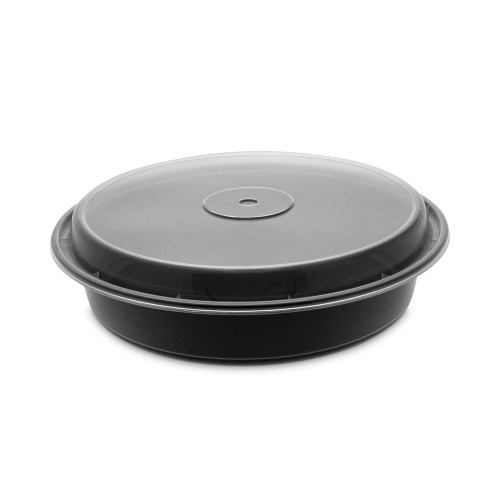 Pactiv Newspring Versatainer Microwavable Containers, Vented Lid, 48 Oz, 9" Diameter, Black/Clear, Plastic, 150/Carton