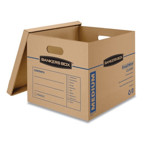 Bankers Box Smoothmove Classic Moving & Storage Boxes, Medium, Half Slotted Container , 18" X 15" X 14", Brown Kraft/Blue, 8/Carton