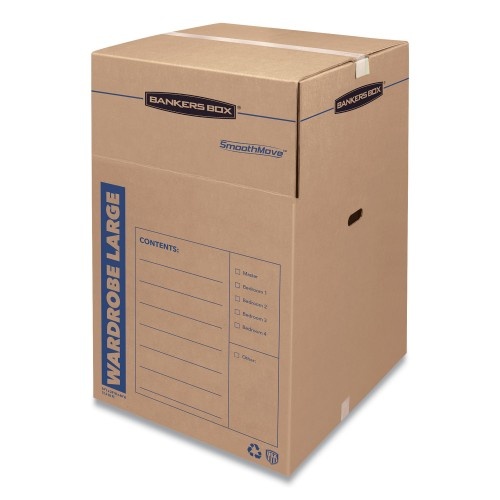 Bankers Box Smoothmove Wardrobe Box, Regular Slotted Container , 24" X 24" X 40", Brown Kraft/Blue, 3/Carton