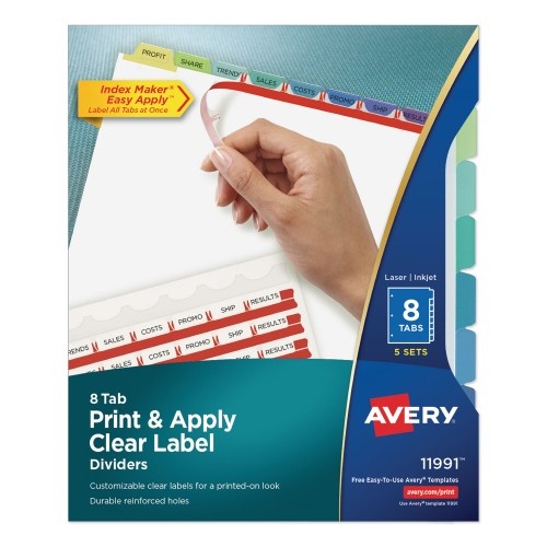 Avery Print And Apply Index Maker Clear Label Dividers, 8-Tab, Color Tabs, 11 X 8.5, White, Contemporary Color Tabs, 5 Sets