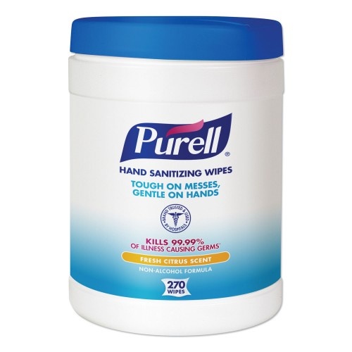 Purell Sanitizing Hand Wipes, 6.75 X 6, Fresh Citrus, White, 270 Wipes/Canister Ea)