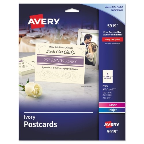 Avery Postcards For Inkjet/Laser Printers, 4 1/4 X 5 1/2, Ivory, 4/Sheet, 100/Box