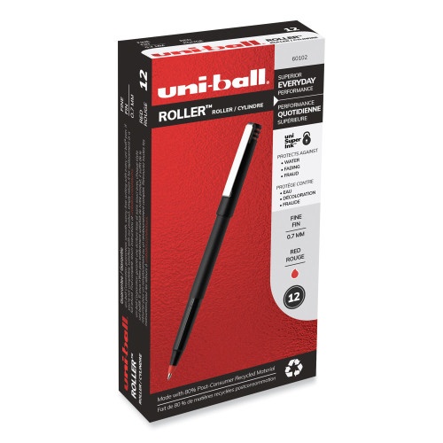 Uni-Ball Roller Ball Pen, Stick, Fine 0.7 Mm, Red Ink, Black Matte Barrel, Dozen