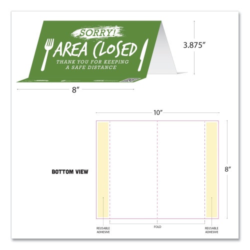 Tabbies Besafe Messaging Table Top Tent Card, 8 X 3.87, Sorry! Area Closed Thank You For Keeping A Safe Distance, Green, 100/Carton
