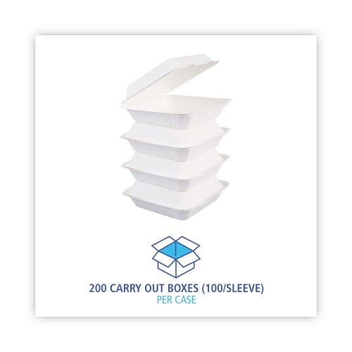 Boardwalk Bagasse Food Containers, Hinged-Lid, 1-Compartment 9 X 9 X 3.19, White, Sugarcane, 100/Sleeve, 2 Sleeves/Carton
