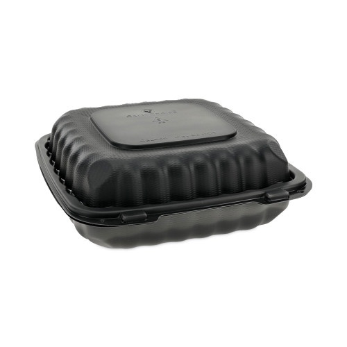 Pactiv Earthchoice Smartlock Microwavable Mfpp Hinged Lid Container, 3-Compartment, 9.33 X 8.88 X 3.1, Black, Plastic, 120/Carton