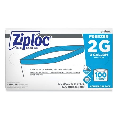 Ziploc Double Zipper Freezer Bags, 2 Gal, 2.7 Mil, 13" X 15.5", Clear, 100/Carton