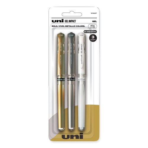 Uni-Ball Impact Bold Gel Pen, Stick, Bold 1 mm, Assorted Marvelous Metallics Ink And Barrel Colors, 3/Pack