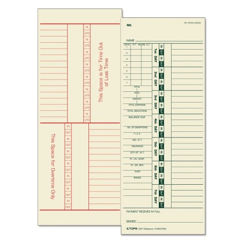 TOPS Time Clock Cards, Replacement for 10-800762, Two Sides, 3.5 x 9, 500/Box