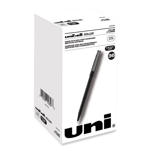 Uni-Ball Roller Ball Pen, Stick, Micro 0.5 Mm, Black Ink, Black Matte Barrel, 36/Pack