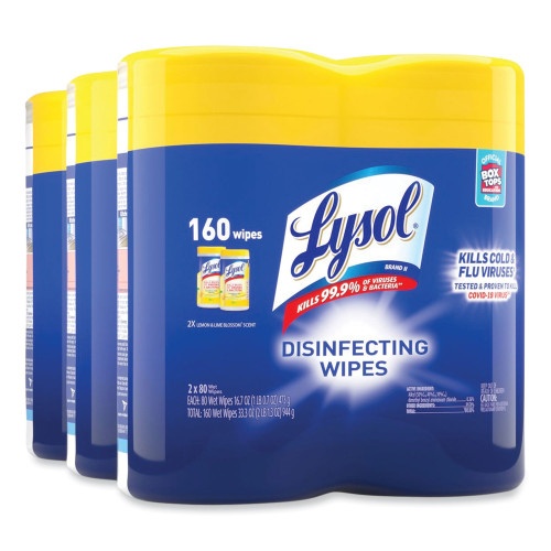 Lysol Brand Disinfecting Wipes, 1-Ply, 7 x 7.25, Lemon and Lime Blossom, White, 80 Wipes/Canister, 2 Canisters/Pack, 3 Packs/Carton