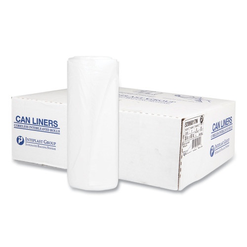 Inteplast Group High-Density Interleaved Commercial Can Liners, 60 Gal, 17 Microns, 38" x 60", Clear, 25 Bags/Roll, 8 Rolls/Carton