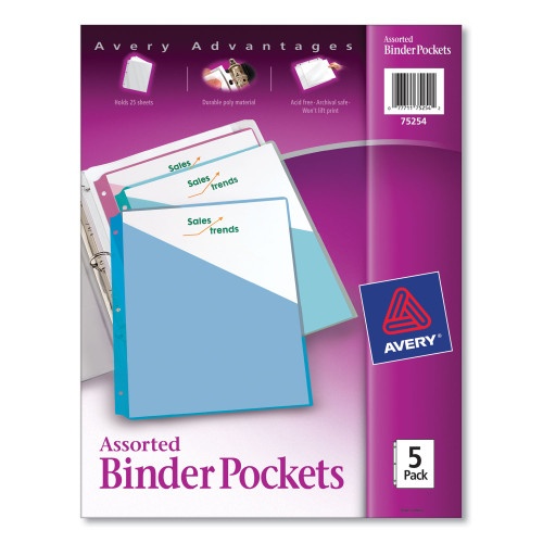 Avery Binder Pockets, 3-Hole Punched, 9.25 x 11, Assorted Colors, 5/Pack