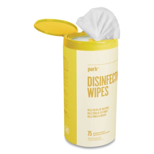 Perk Disinfecting Wipes, 7 X 8, Lemon, White, 75 Wipes/Canister