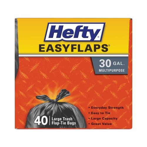 Hefty Easy Flaps Trash Bags, 30 Gal, 0.85 Mil, 30" X 33", Black