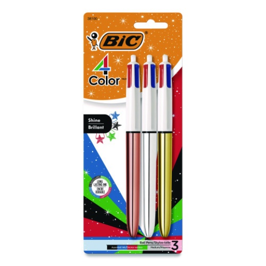 Bic 4-Color Shine Multi-Color Ballpoint Pen, Retractable, Medium 1Mm, Black/Blue/Green/Red Ink, Assorted Metallic Barrels, 3/Pack