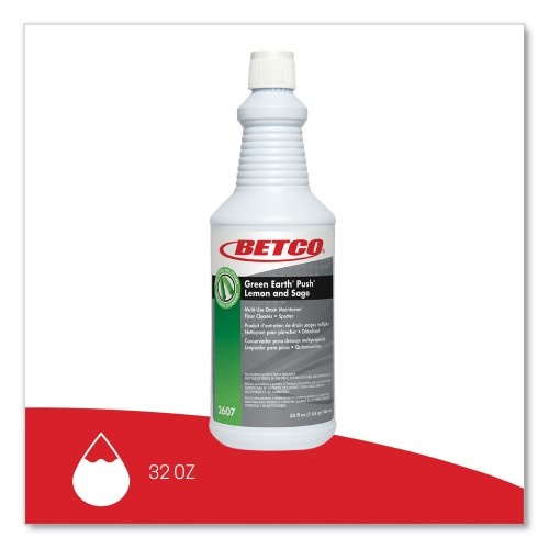 Betco Green Earth Bioactive Solutions Push Drain Cleaner - Lemon and Sage Scent, 32 Oz Bottle, 12/Carton