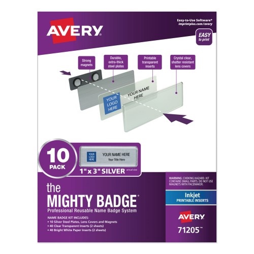 Avery The Mighty Badge Name Badge Holder Kit, Horizontal, 3 x 1, Inkjet, Silver, 10 Holders/80 Inserts