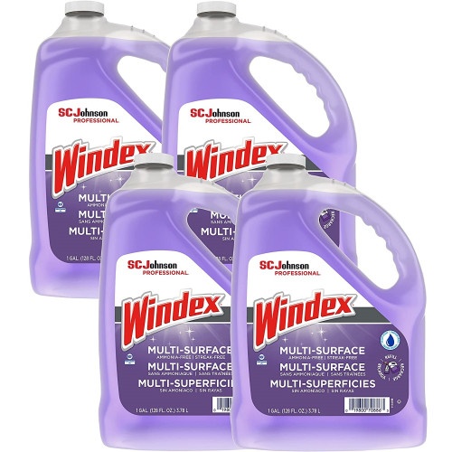 Windex Non-Ammoniated Glass/Multi Surface Cleaner, Pleasant Scent, 128 Oz Bottle, 4/Ct