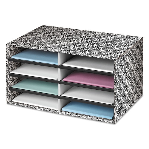 Bankers Box Decorative Sorter, 8 Letter Compartments, Black/White Brocade
