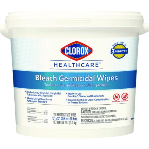 Clorox Healthcare Bleach Germicidal Wipes, 1-Ply, 12 X 12, Unscented, White, 110/Bucket