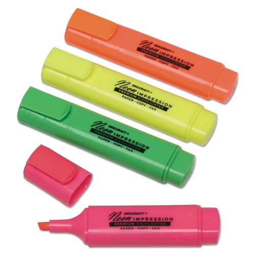 Abilityone 752001 Skilcraft Flat Fluorescent Highlighter, Assorted Ink Colors, Chisel Tip, 4/Set