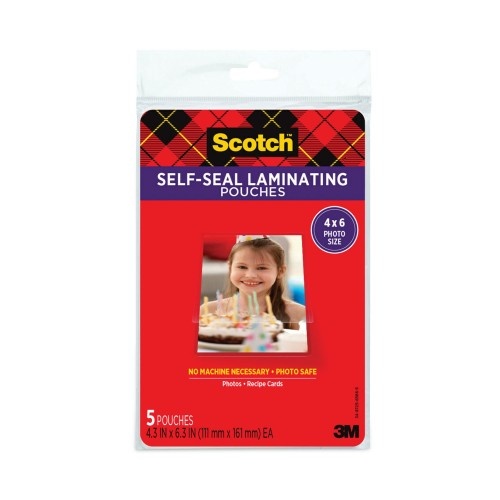 Scotch Self-Sealing Laminating Pouches - 9.5 Mil, 4.38" x 6.38", Gloss Clear, 5/Pack