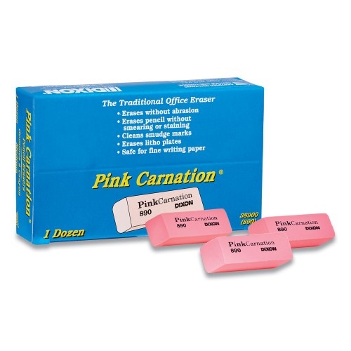 Dixon Pink Carnation Erasers for Pencil Marks - Rectangular Block Medium Pink Dozen