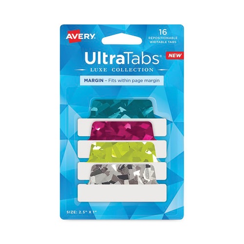 Avery Ultra Tabs Luxe Collection Repositionable Tabs, 1/5-Cut, Assorted Jewel Prism Colors, 2.5" Wide, 16/Pack
