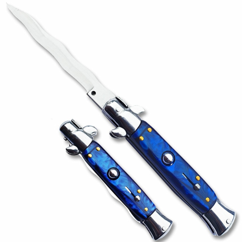 Anomaly Stiletto Blue Automatic Knife - Kris Satin Plain 9.5"