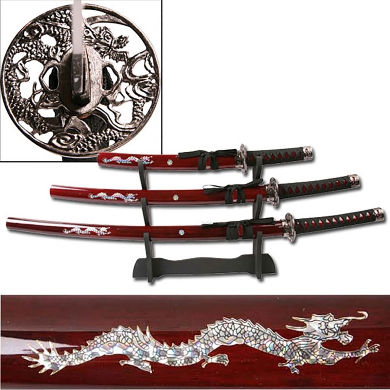 Samurai Sword Set Red 3 Piece With Stand