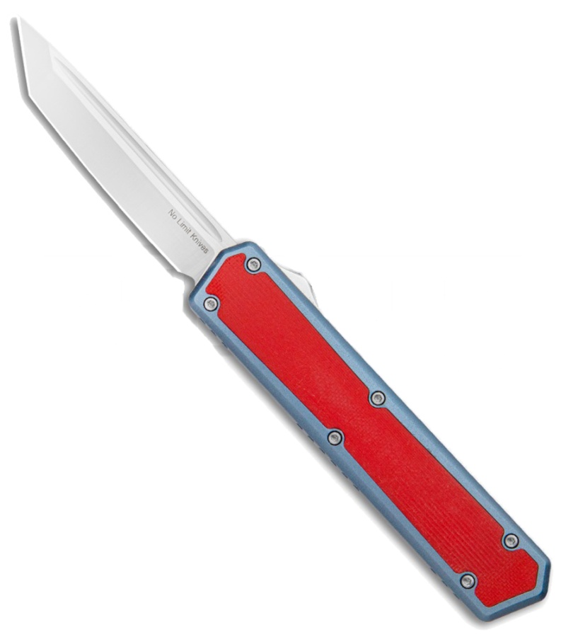 No Limit Knives Vanga Red/Blue Otf Automatic Knife - Tanto Satin Plain