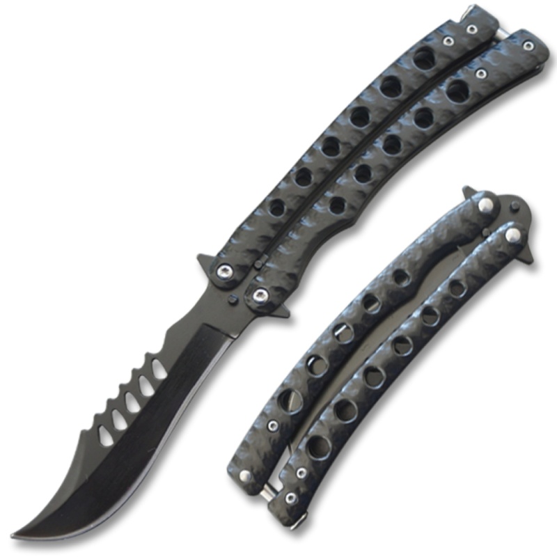 Serrated Swift Black Handle Balisong Black Blade Coated Butterly Knife