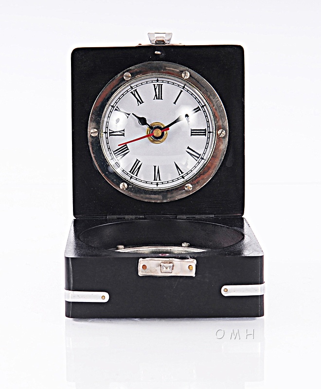 Brass Compass & Clock W/Wooden Case