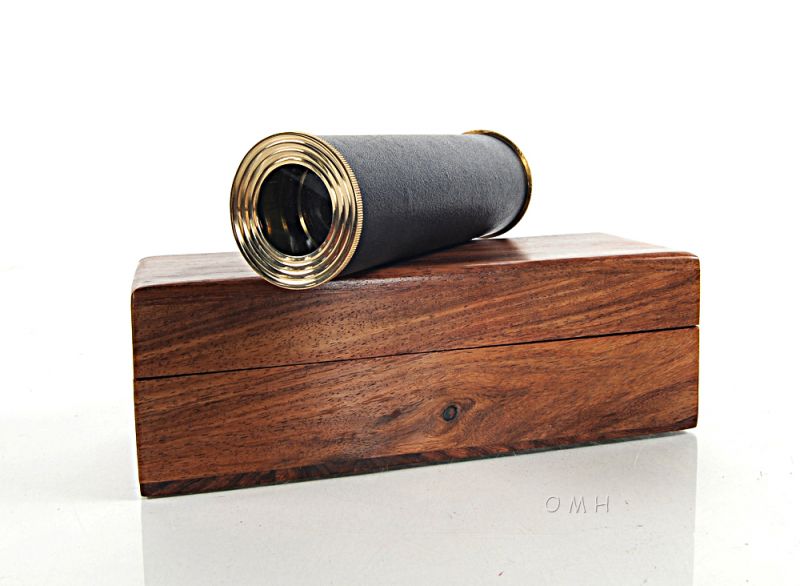 Handheld Telescope In Wood Box - Black Leather