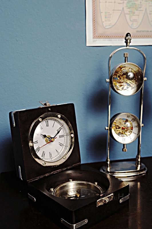 Brass Compass & Clock W/Wooden Case