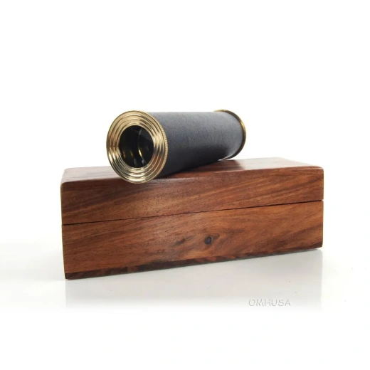 Handheld Telescope in Wood Box - Black Leather