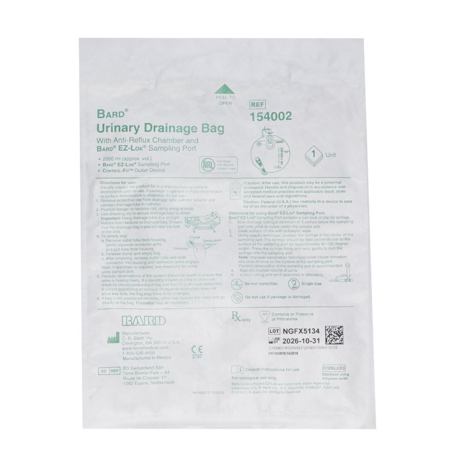Bard 154002 Urine Drainage Bag With AntiReflux Chamber And EzLok