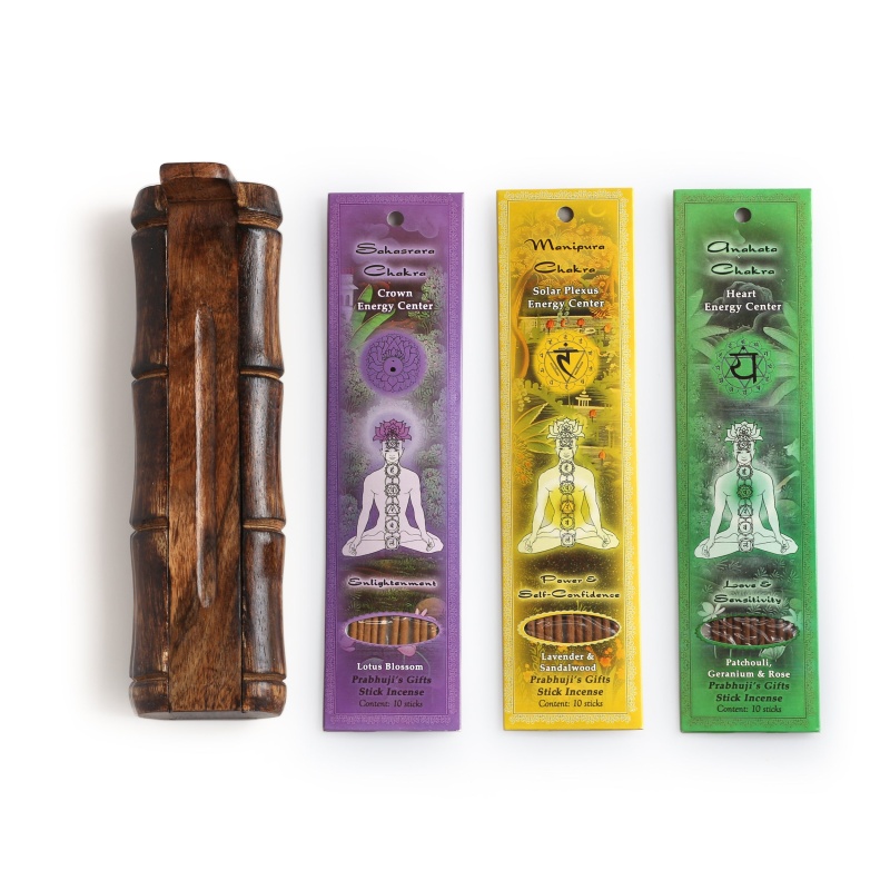 Incense Gift Set - Bamboo Burner + 3 Chakra Incense Sticks Packs & Greeting - Always