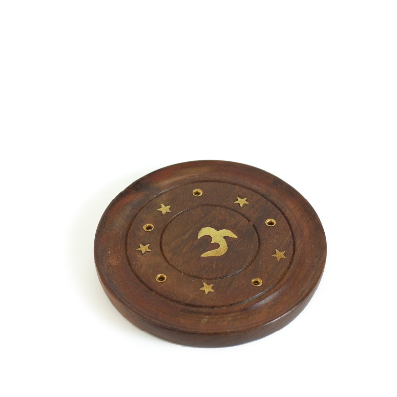 Incense Burner - Wooden Round Plate With Om - 4 Inches