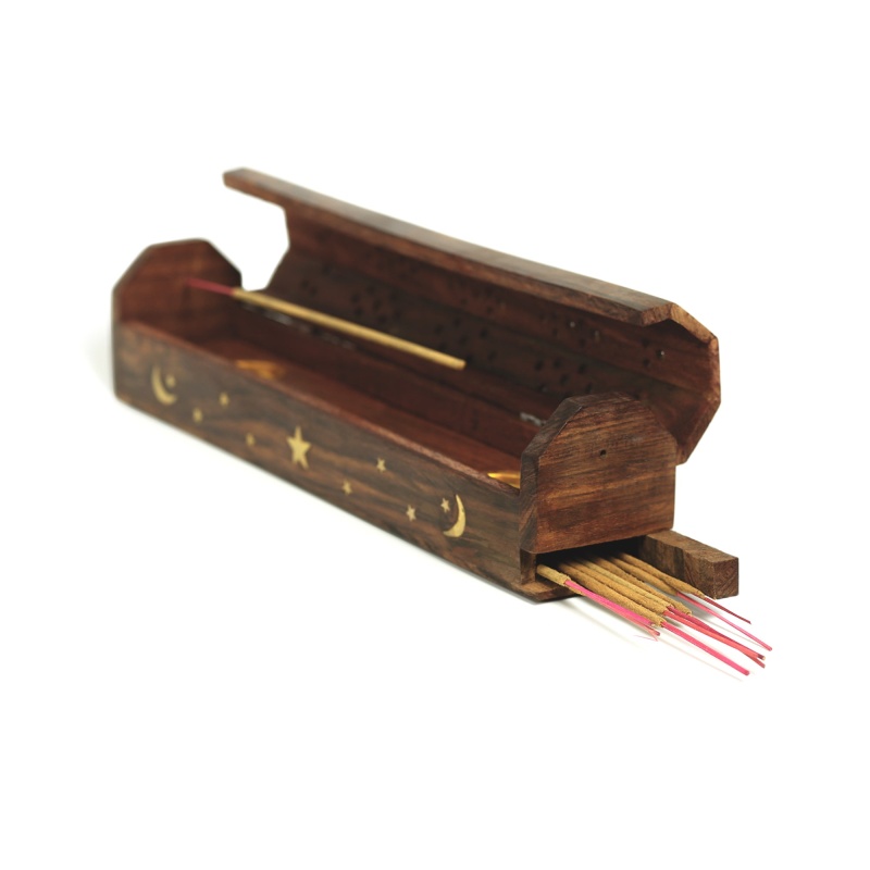 Incense Burner - Wooden Box With Storage - Moon And Star