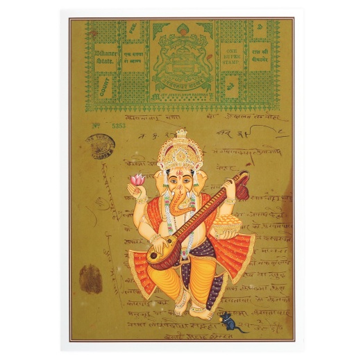 Rajasthani Miniature Painting Greeting Card - Ganesh Playing Veena - 5"X7"