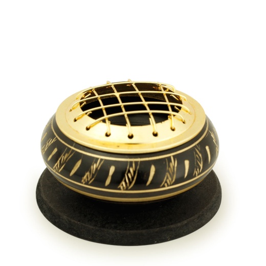 Prabhuji's Gifts Black Brass Burner - Low Base, Feather Engraving, Net Top