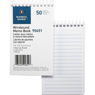 Business Source Wire-Bound Memo Book Pads, Ruled, 5" X 3", 12/Case