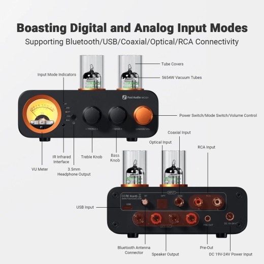 Fosi Audio Mc331 2.1 Tube Integrated Bluetooth Amplifier With Dac And Vu Meter