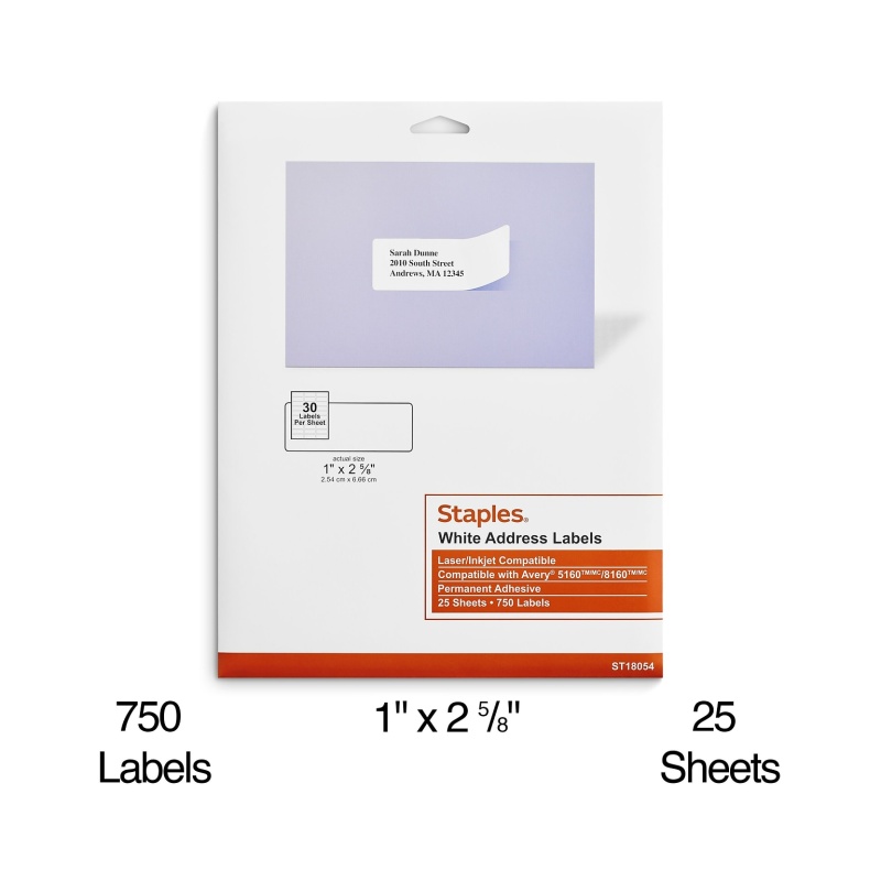Staples® Laser/Inkjet Address Labels, 1" X 2 5/8", White, 30 Labels/Sheet, 25 Sheets/Pack, 750 Sheets/Box (St18054-Cc)