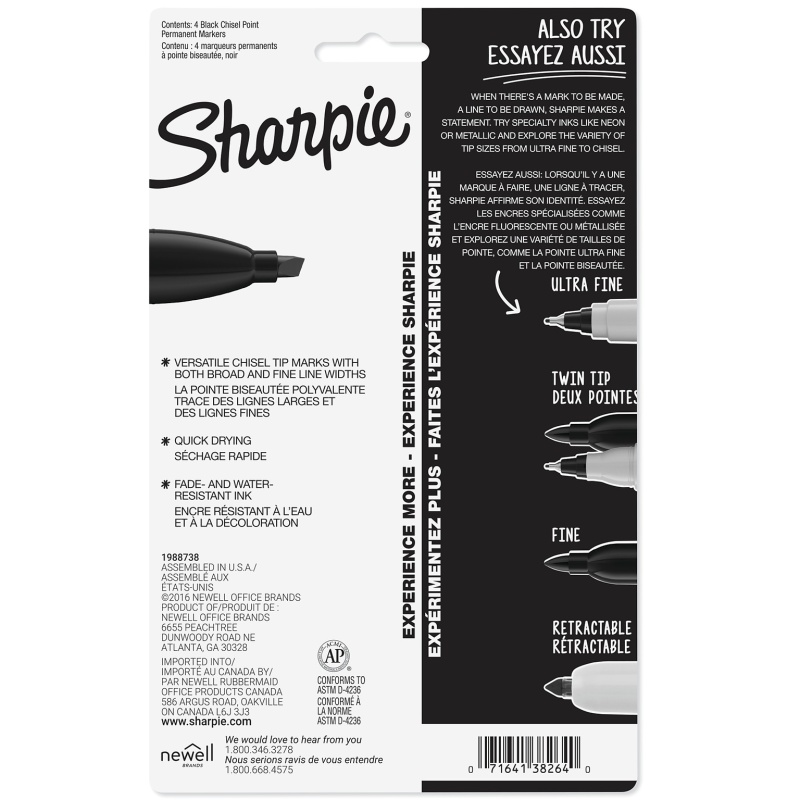 Sharpie Permanent Markers, Chisel Tip, Black, 4/Pack (38264)